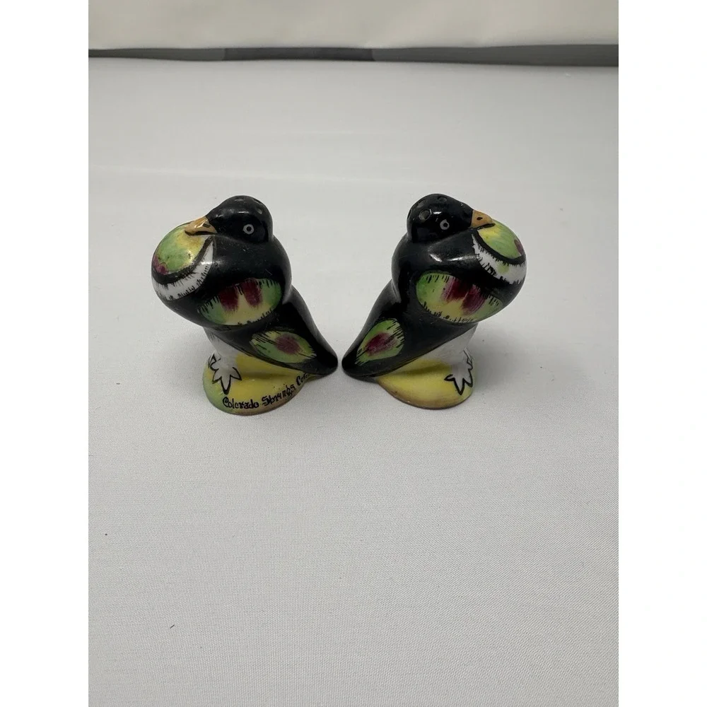 Hand Painted Puffy Bird Salt Pepper Shakers Purple Yellow Green 2 1/4 Japan Colo